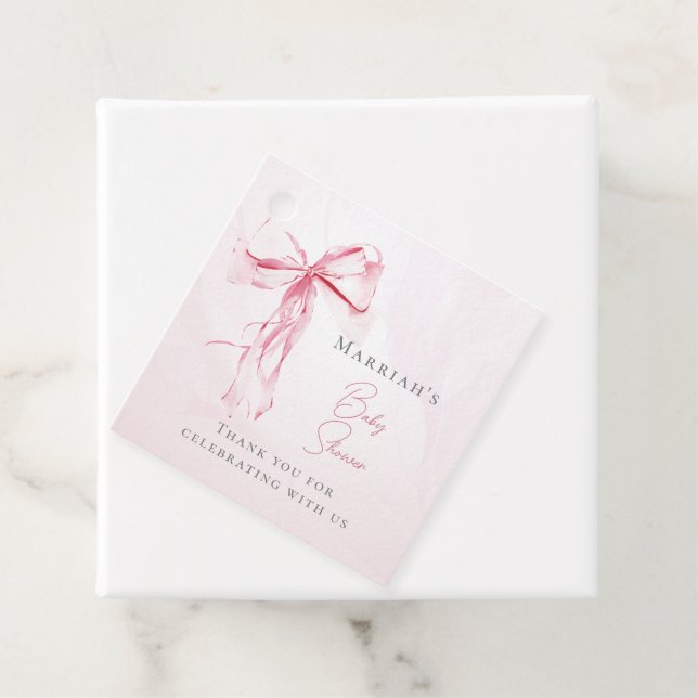 Elegant Pink Bow Watercolor Girl Baby Shower Favour Tags (In Situ)