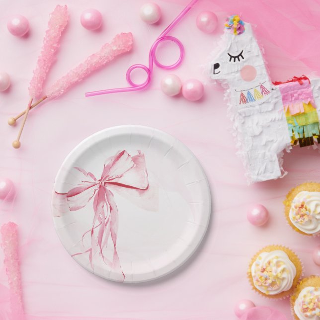 Elegant Pink Bow Watercolor Girl Baby Shower Paper Plate (Party)