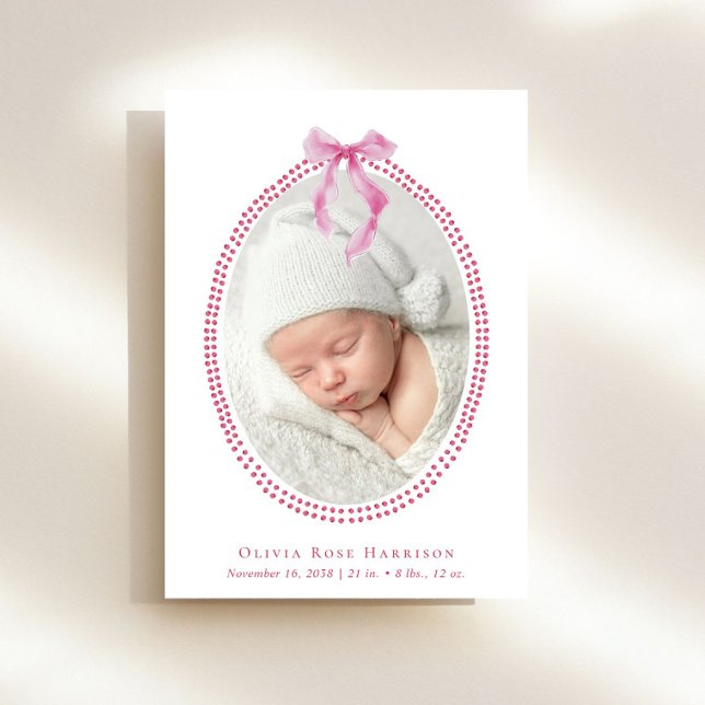 Elegant Pink Bow Watercolor Girl Photo Birth Announcement (Announce the arrival of your precious baby girl in a way that is as beautiful and unique as she is)