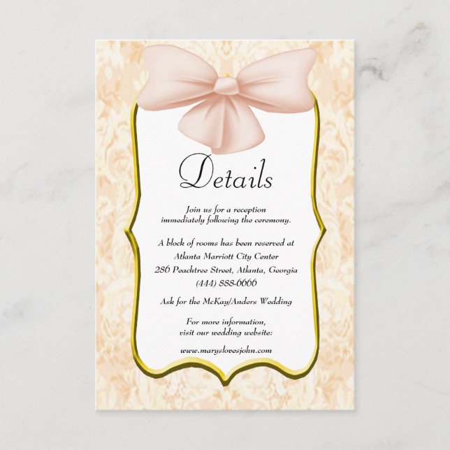 Elegant Pink Bow Wedding Details Enclosure Card (Front)