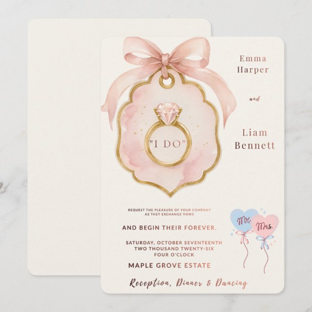 Elegant Pink Bow Wedding Invitation | Editable Di  (Front/Back)