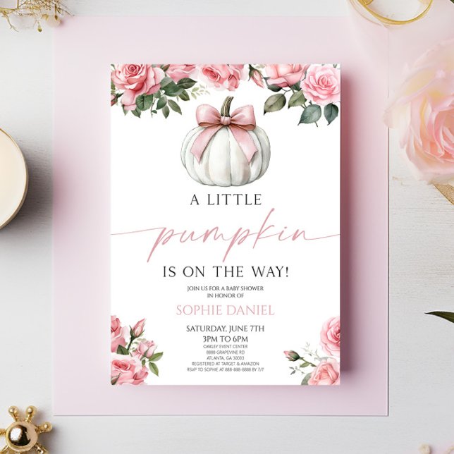 Elegant Pink Bow White Pumpkin Floral Baby Shower Invitation (Creator Uploaded)