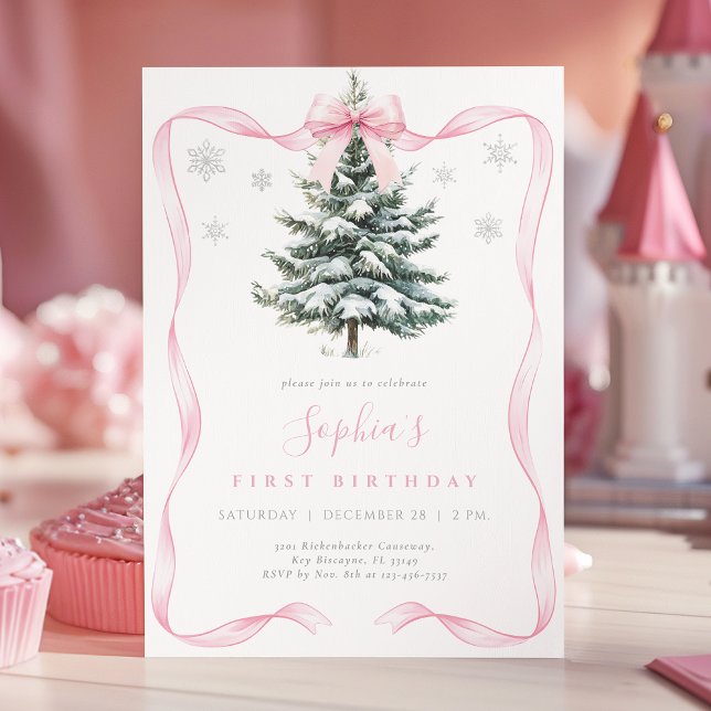Elegant Pink Bow Winter Onderland First Birthday Invitation (Creator Uploaded)