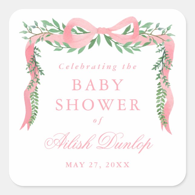 Elegant Pink Bow with Greenery Boy Baby Shower Square Sticker (Front)