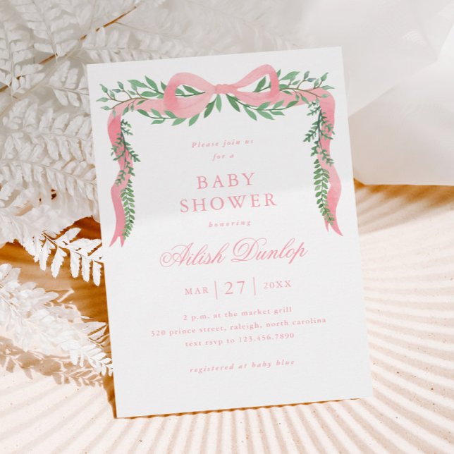 Elegant Pink Bow with Greenery Girl Baby Shower Magnetic Invitation (Elegant Pink Bow Greenery Girl Baby Shower Magnetic Invitation.)