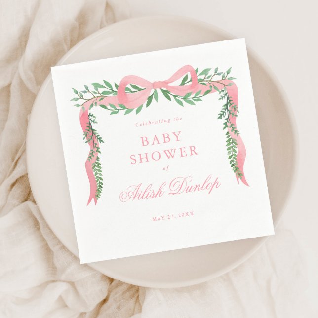 Elegant Pink Bow with Greenery Girl Baby Shower Napkin (Elegant pink bow greenery baby shower napkin.
)