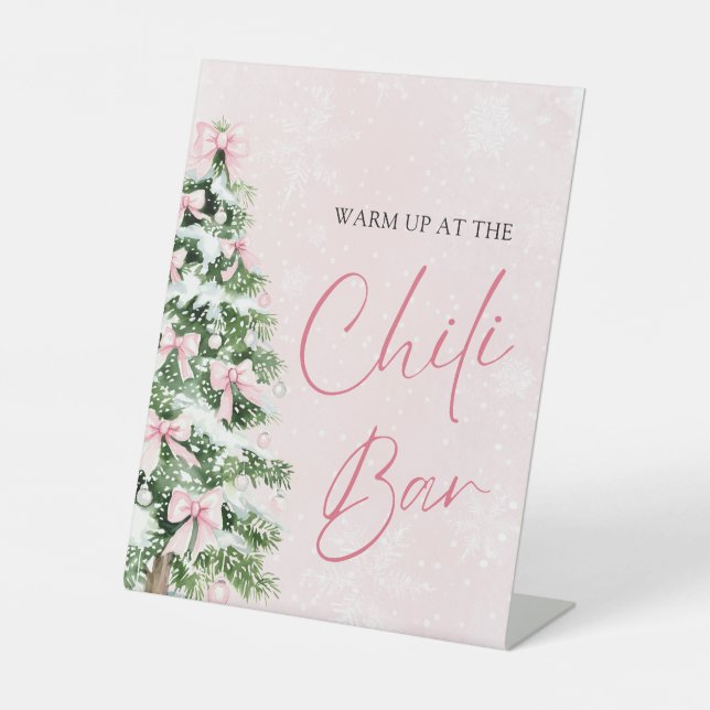 Elegant Pink Bows Christmas Tree Chilli Bar Pedestal Sign (Front)