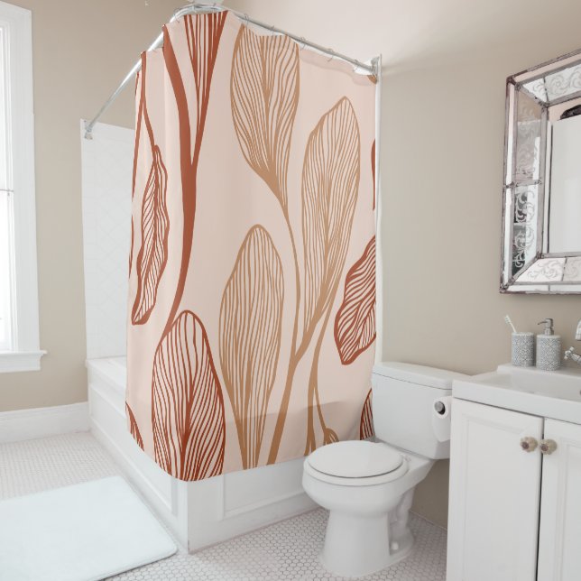 Elegant Pink Brown Abstract Leaves Line Art Shower Curtain (In Situ)