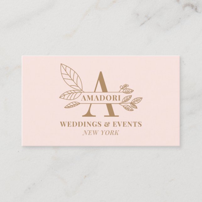 Elegant pink brown modern floral initial monogram business card (Front)