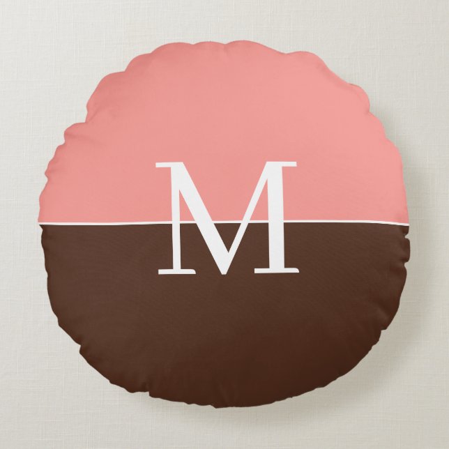 Elegant pink &brown monogram round cushion (Front)