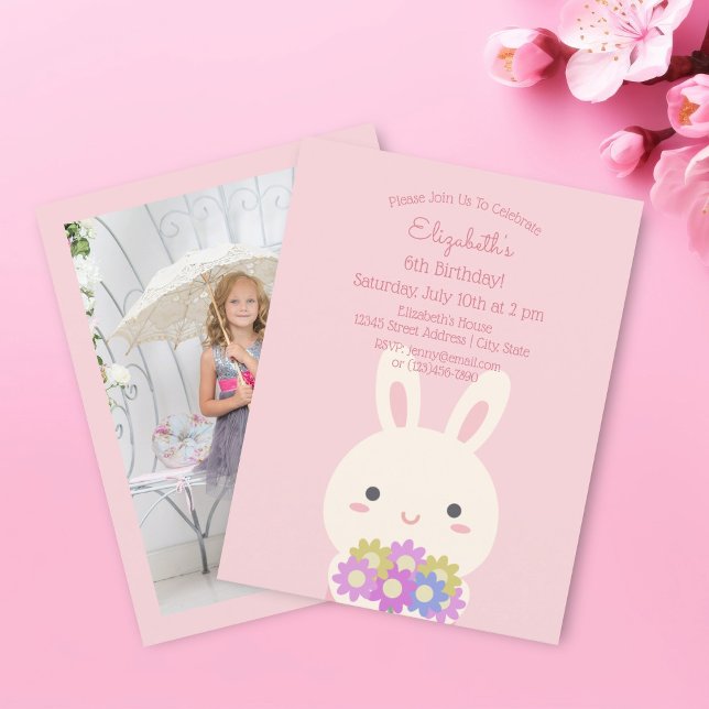 Elegant Pink Bunny and Flowers Girl Birthday Photo Invitation (Creator Uploaded)