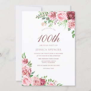 Elegant Pink & Burgundy 100th Birthday Invite