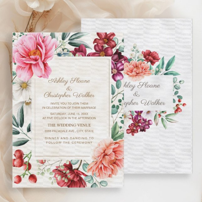 Elegant Pink Burgundy Coral Floral Wedding Invitation (Elegant pink, burgundy, and coral watercolor floral wedding invitation)