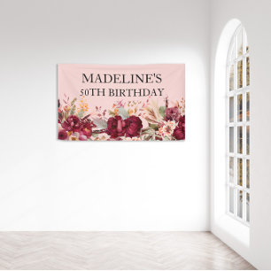 Elegant Pink Burgundy Floral 50th Birthday Banner