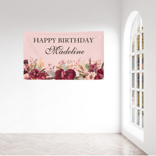 Elegant Pink Burgundy Floral Happy Birthday Banner