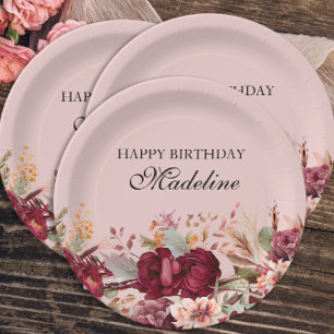 Elegant Pink Burgundy Floral Happy Birthday Paper Plate
