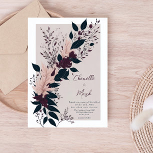 Elegant Pink Burgundy Floral Leaves Wedding Invitation