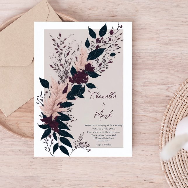 Elegant Pink Burgundy Floral Leaves Wedding Invitation (Creator Uploaded)