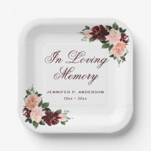 Elegant Pink Burgundy Floral Memorial Funeral Paper Plate