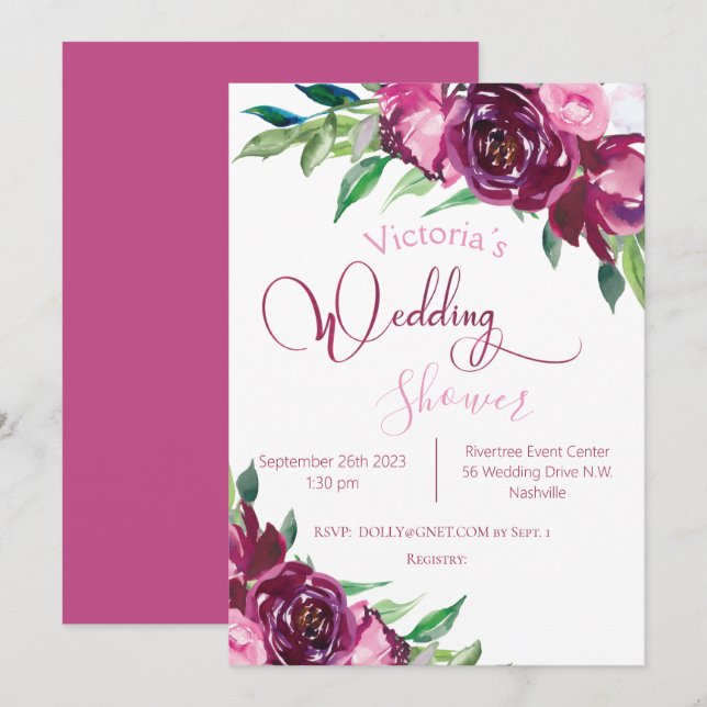 Elegant Pink Burgundy Floral Modern Wedding Shower Invitation (Front/Back)