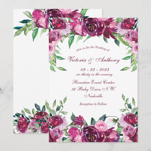 Elegant Pink Burgundy Floral Script Wedding Invitation (Front/Back)