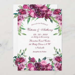 Elegant Pink Burgundy Floral Script Wedding Invitation
