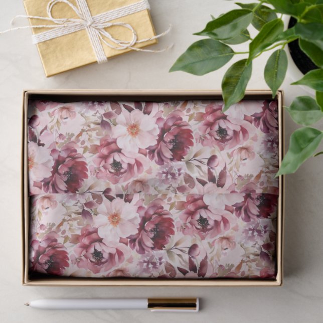 Elegant Pink Burgundy Floral Tissue Paper (Gift)