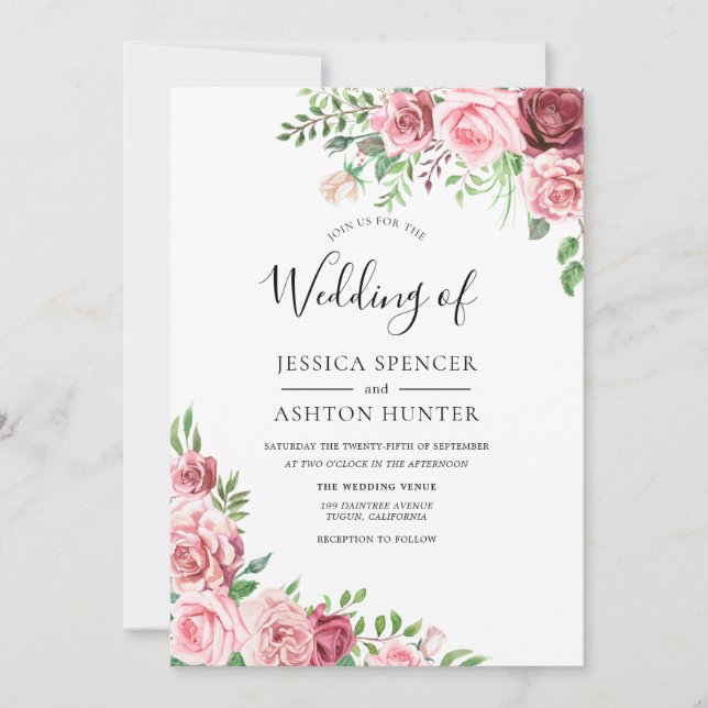 Elegant Pink & Burgundy Floral Wedding Invitation (Front)