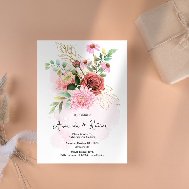 Elegant Pink & Burgundy Floral Wedding Invitation (Creator Uploaded)