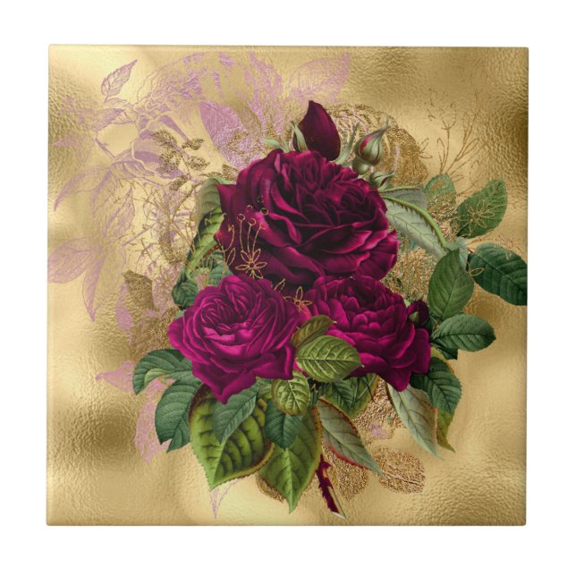Elegant Pink Burgundy Gold Rose Tile (Front)