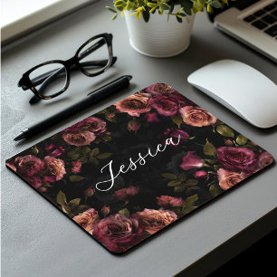 Elegant Pink Burgundy Moody Botanical Floral Mouse Mat