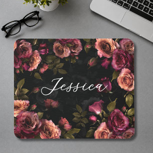Elegant Pink Burgundy Moody Botanical Floral Mouse Mat