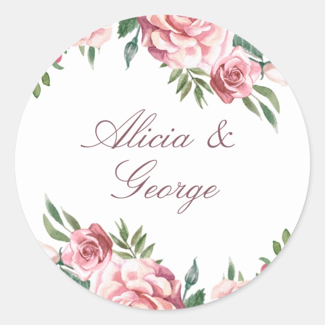 Elegant pink burgundy roses script wedding favour  classic round sticker (Front)