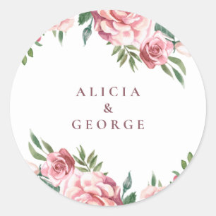 Elegant pink burgundy roses wedding favour classic classic round sticker
