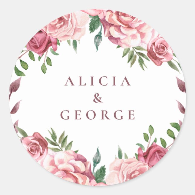 Elegant pink burgundy roses wedding favour classic round sticker (Front)