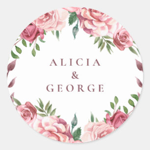 Elegant pink burgundy roses wedding favour classic round sticker