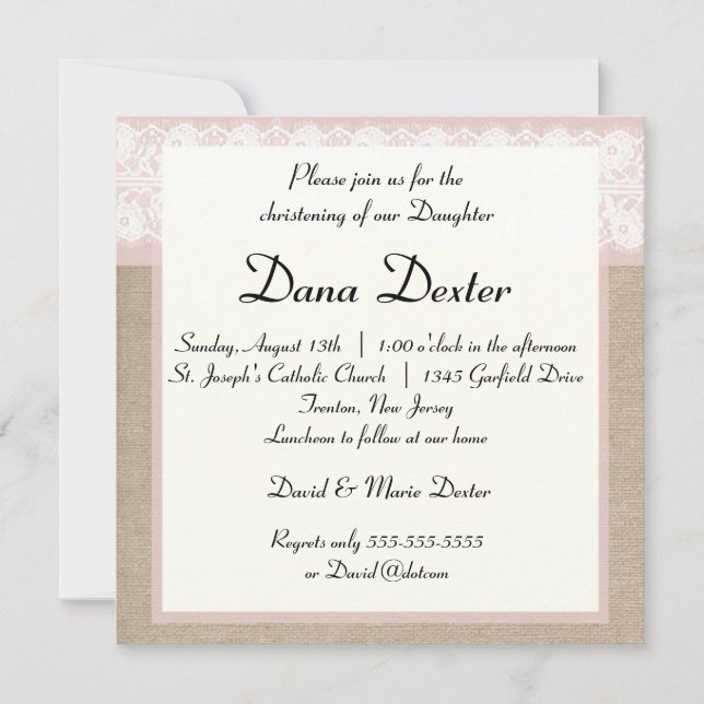 Elegant Pink Burlap Lace Baptism Invitation (Front)