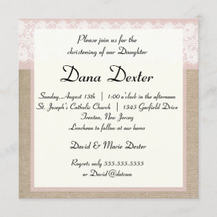 Elegant Pink Burlap Lace Baptism Invitation