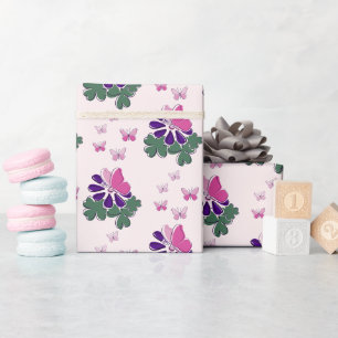 Elegant Pink Butterflies & Purple Flowers Wrapping Paper