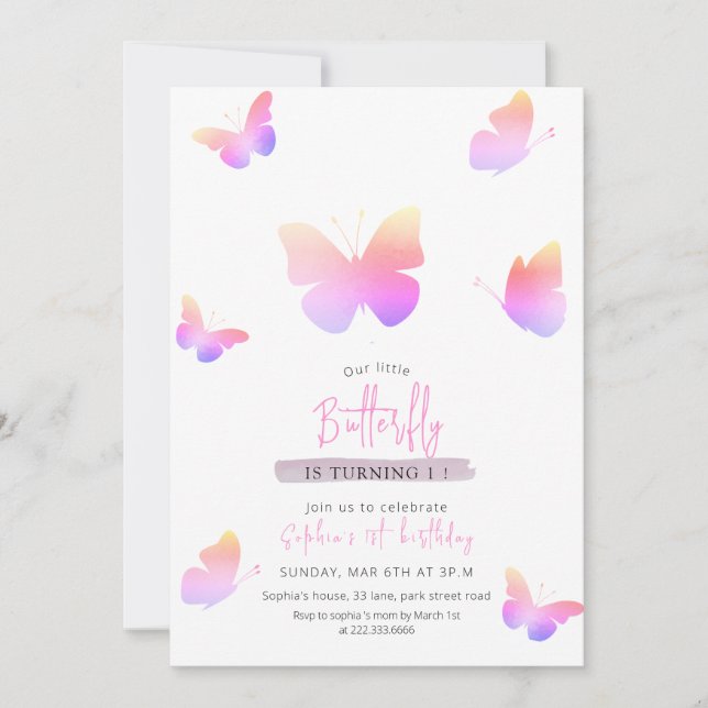 Elegant Pink Butterfly 1st Birthday  Invitation (Front)