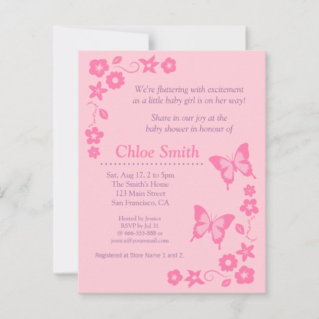 Elegant Pink butterfly baby shower party Invitation (Front)