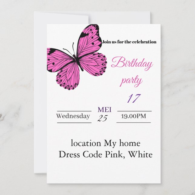 Elegant Pink Butterfly Birthday Invitation – Girl  (Front)