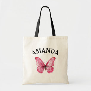 Elegant Pink Butterfly Curved Name Girly Tote Bag