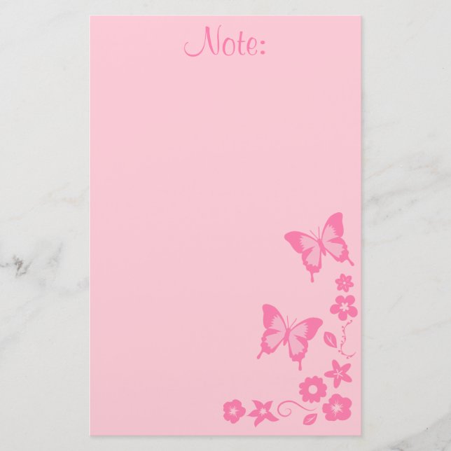 Elegant Pink Butterfly Flowers Girl Stationery (Front)