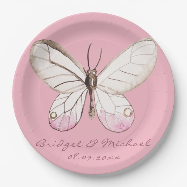 Elegant Pink Butterfly Personalised Wedding Paper Plate (Front)