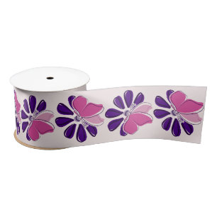 Elegant Pink Butterfly & Purple Flower on Blush Satin Ribbon