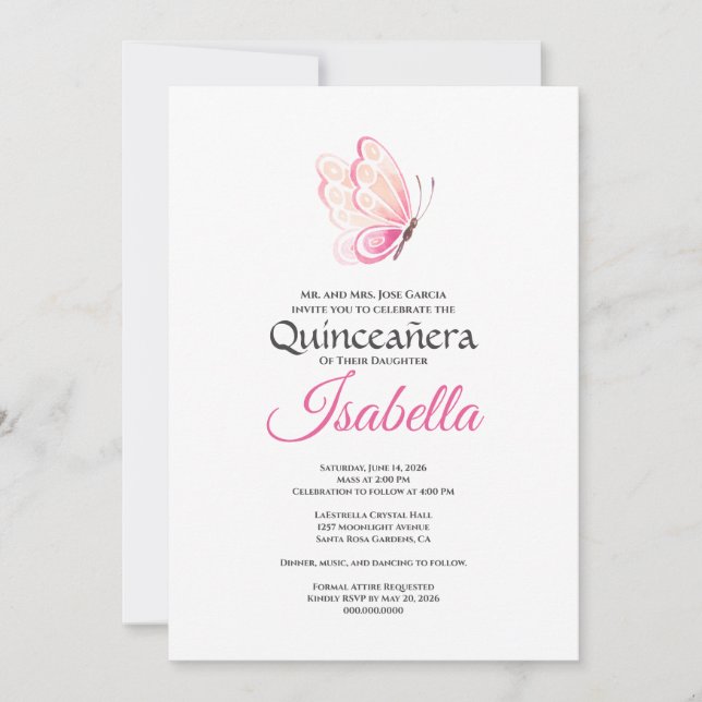Elegant Pink Butterfly Quinceanera 15th Birthday Invitation (Front)