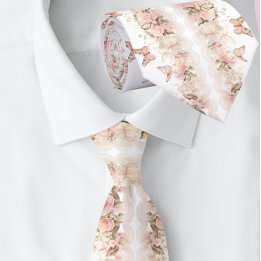 Elegant Pink  Butterfly White Wedding Tie