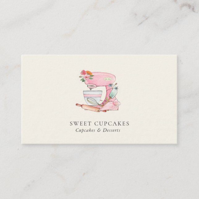 Elegant Pink Cake mixer Bakery Business Card (Front)