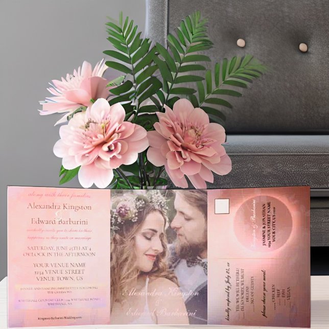 Elegant Pink Calligraphy Custom Photo Wedding Tri-Fold Announcement (Creator Uploaded)